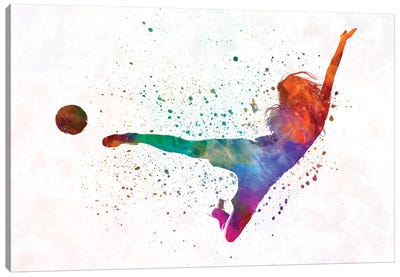Woman Soccer Player 02 In Watercolor Canvas Art Print - Paul Rommer