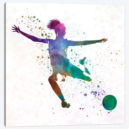Woman Soccer Player 03 In Watercolor Canvas Print #PUR798} by Paul Rommer Canvas Artwork