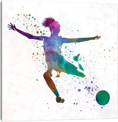 Woman Soccer Player 03 In Watercolor Canvas Art Print - Soccer