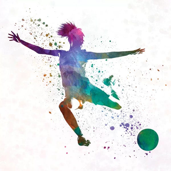 Kids Sports Art: Woman Soccer Player 03 In Watercolor by Paul Rommer