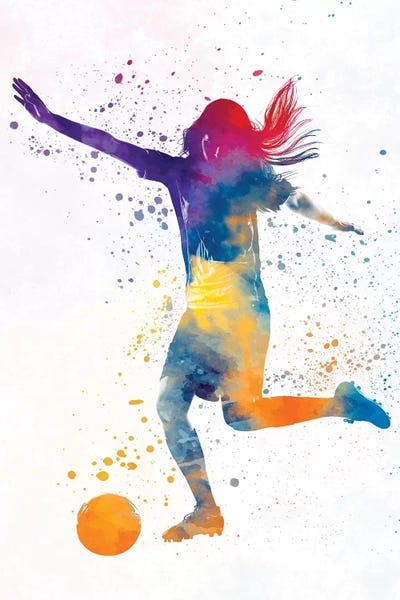 Kids Sports Art: Woman Soccer Player 07 In Watercolor 2 by Paul Rommer
