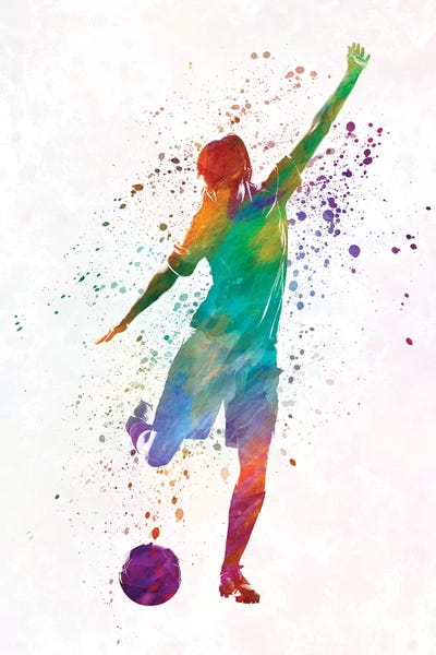 Kids Sports Art: Woman Soccer Player 09 In Watercolor by Paul Rommer