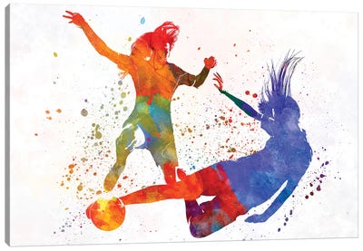 Women Soccer Players In Watercolor II Canvas Art Print - Soccer Art
