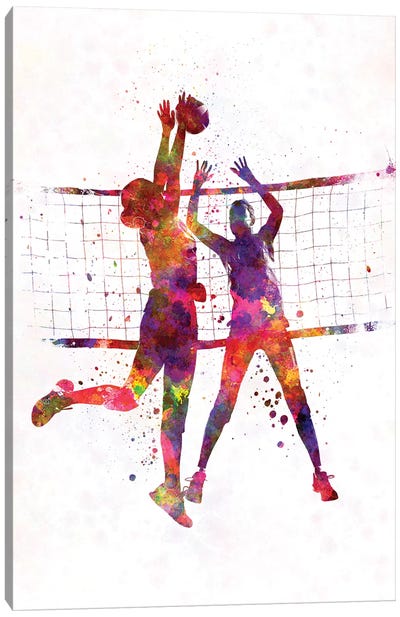 Women Volleyball Players In Watercolor Canvas Art Print - Paul Rommer