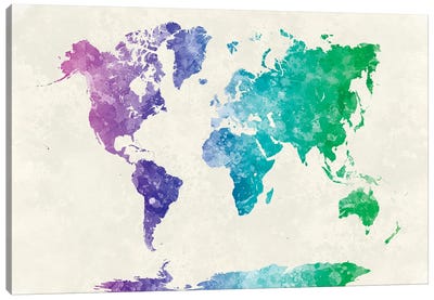 World Map In Watercolor XIV Canvas Art Print - World Map Art