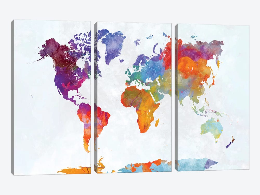 World Map In Watercolor XXIII by Paul Rommer 3-piece Canvas Artwork