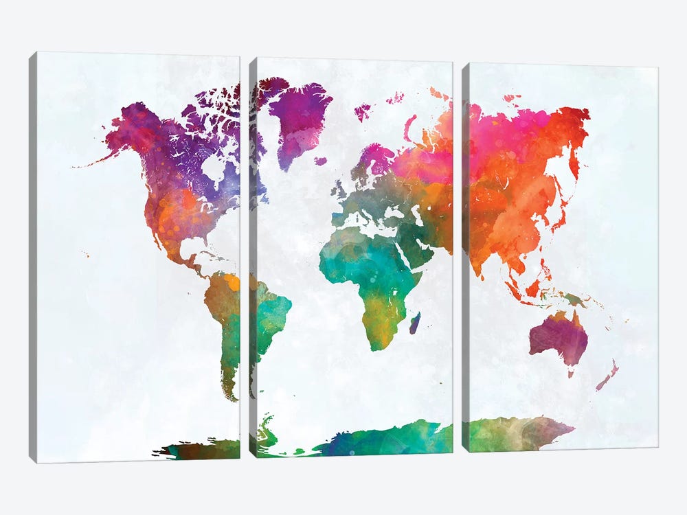 World Map In Watercolor XV by Paul Rommer 3-piece Canvas Wall Art