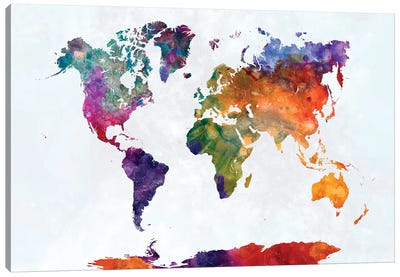 World Map In Watercolor XVI Canvas Art Print - Maps & Geography