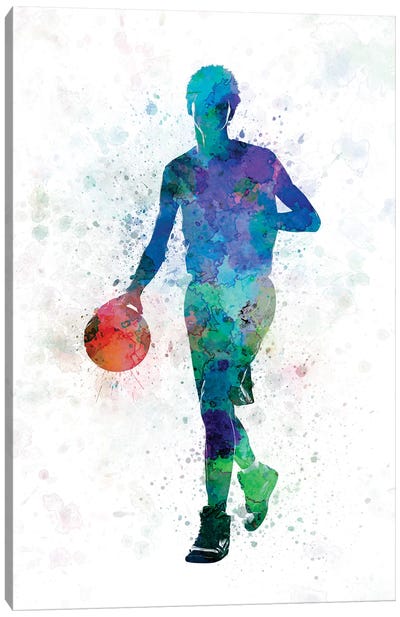 Young Man Basketball Player Dribbling Canvas Art Print - Kids Sports Art