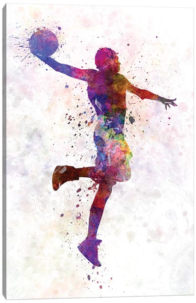 Young Man Basketball Player One Hand Slam Dunk Canvas Art Print - Sports Art