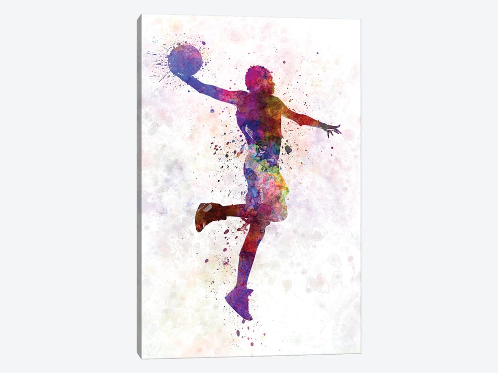Young Man Basketball Player One Hand Slam Dunk by Paul Rommer 1-piece Art Print