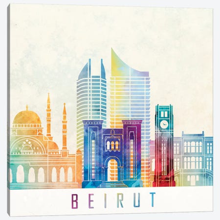 Beirut Landmarks Watercolor Poster Canvas Print #PUR85} by Paul Rommer Canvas Print