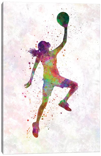 Young Woman Basketball Player In Watercolor II Canvas Art Print - Basketball Art