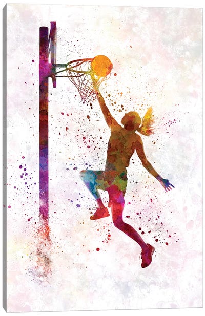 Young Woman Basketball Player In Watercolor IV Canvas Art Print - Kids Sports Art