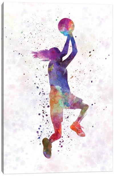 Young Woman Basketball Player In Watercolor V Canvas Art Print - Basketball Art