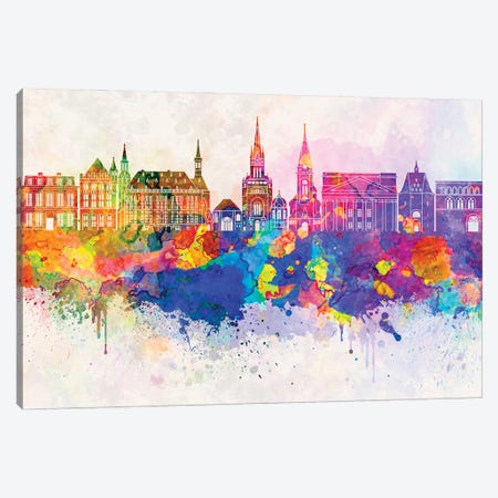 Aachen Skyline In Watercolor Background Canvas Print #PUR876} by Paul Rommer Canvas Artwork
