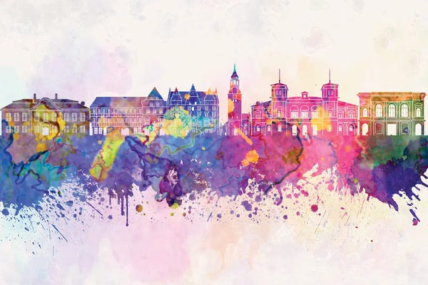 Denmark: Aalborg Skyline In Watercolor Background by Paul Rommer
