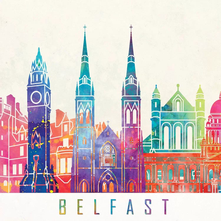 Belfast Landmarks Watercolor Poster