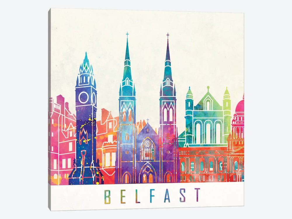 Belfast Landmarks Watercolor Poster by Paul Rommer 1-piece Canvas Print