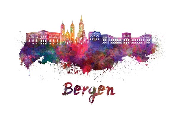 Bergen: Bergen Skyline In Watercolor by Paul Rommer