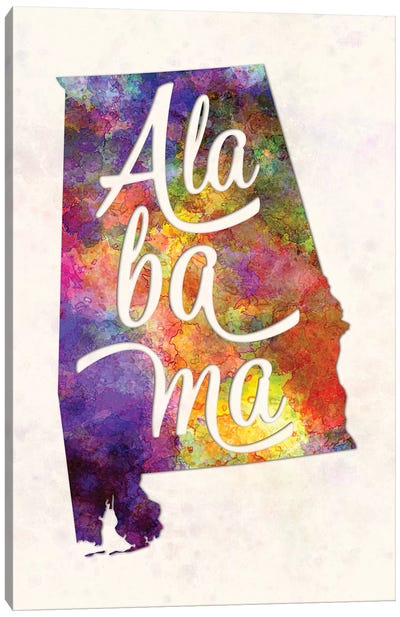 Alabama US State In Watercolor Text Cut Out Canvas Art Print - Alabama Art