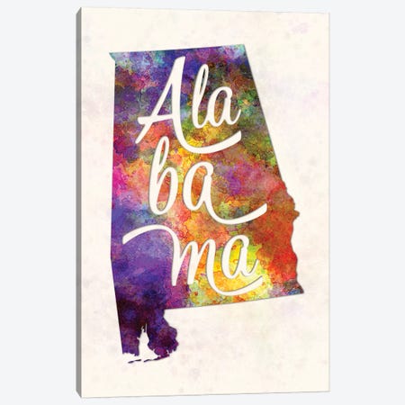 Alabama US State In Watercolor Text Cut Out Canvas Print #PUR8} by Paul Rommer Canvas Art