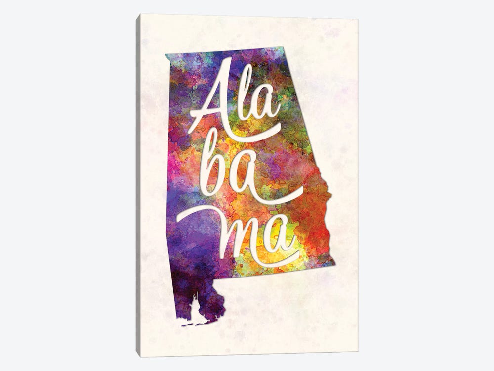 Alabama US State In Watercolor Text Cut Out by Paul Rommer 1-piece Canvas Art