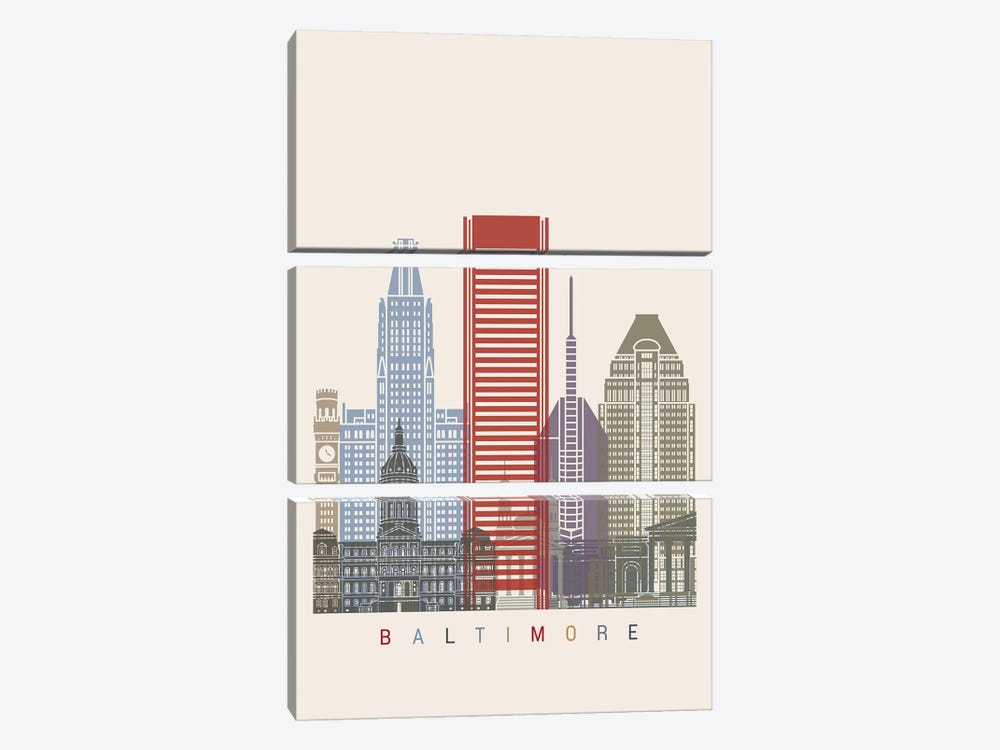 Baltimore Skyline Poster by Paul Rommer 3-piece Canvas Artwork