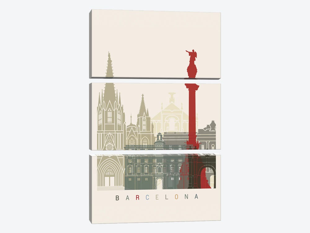 Barcelona Skyline Poster by Paul Rommer 3-piece Canvas Print