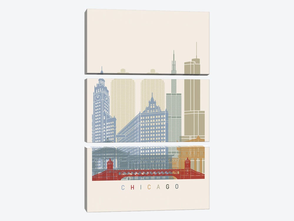 Chicago Skyline Poster by Paul Rommer 3-piece Canvas Wall Art