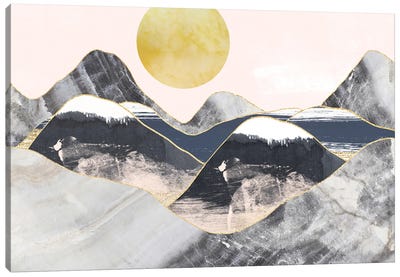 Gold Moon Navy Marble Landscape Mountains Canvas Art Print - Gold & Pink Art