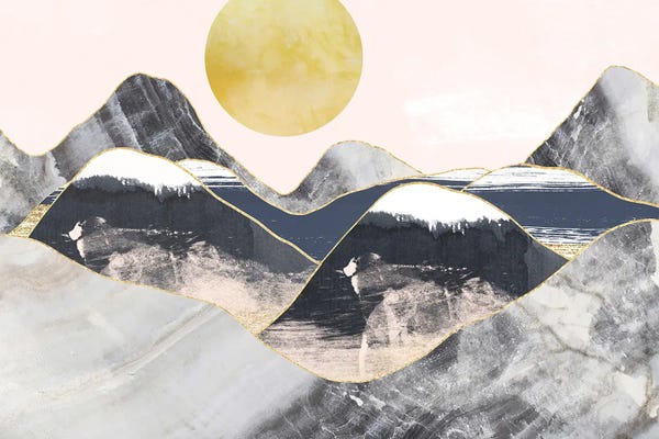 Gold & Pink: Gold Moon Navy Marble Landscape Mountains by Pixy Paper
