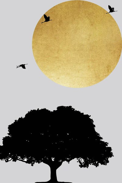 Gold Abstract Art: Gold Sun And Tree Abstract by Pixy Paper