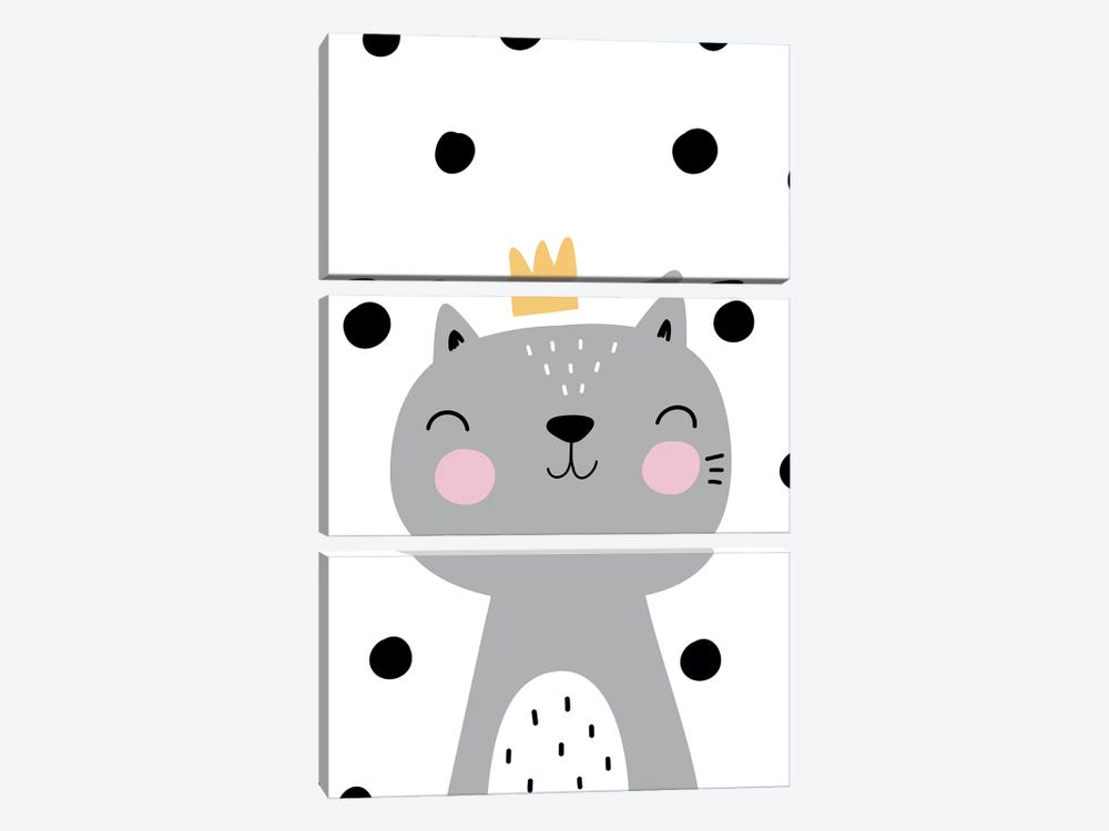 Cat With Crown Grey With Polka by Pixy Paper 3-piece Canvas Artwork