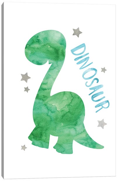 Dinosaur Green & Blue Watercolour Canvas Art Print - Kids Dinosaur Art