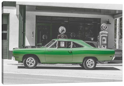 Green Car Gas Pump Canvas Art Print - Vintage Styled Photography