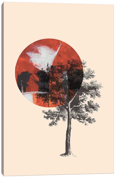 Red Sun With Tree On Beige Background Canvas Art Print - Pixy Paper