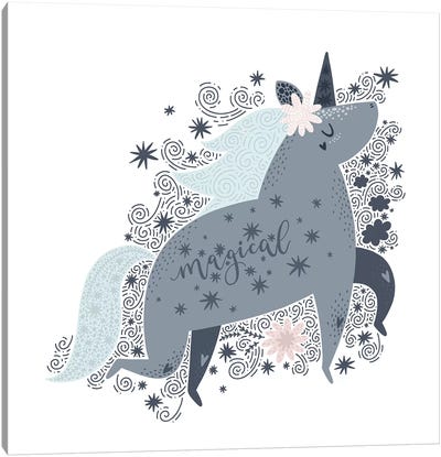Super Unicorn Designs - Grey Magical Unicorn Canvas Art Print - Unicorn Art