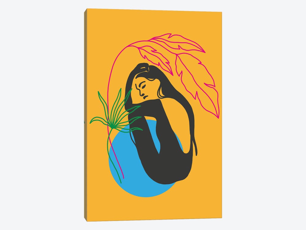 Girl Under Plant Yellow Neon Funk by Pixy Paper 1-piece Canvas Art Print