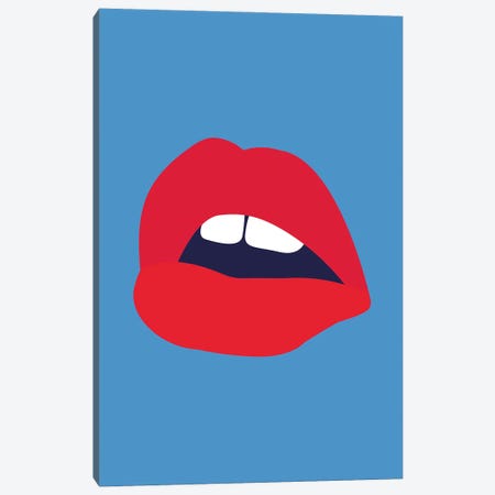 Red Lips Blue Back Canvas Print #PXY589} by Pixy Paper Canvas Print