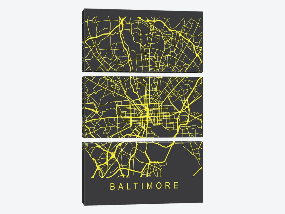 Baltimore Map Neon by Pixy Paper 3-piece Canvas Artwork