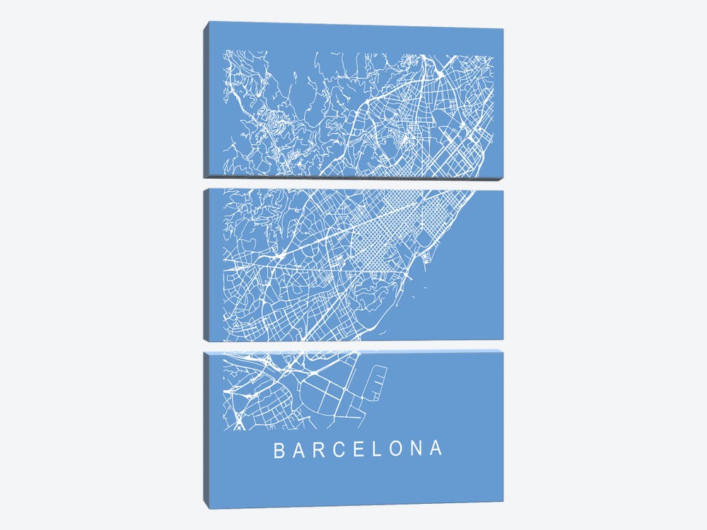 Barcelona Map Blueprint by Pixy Paper 3-piece Canvas Art Print