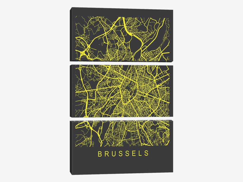 Brussels Map Neon by Pixy Paper 3-piece Canvas Print