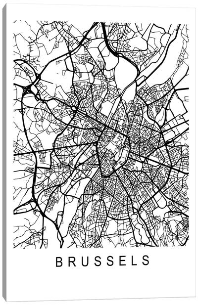 Brussels Map White Canvas Art Print - Belgium