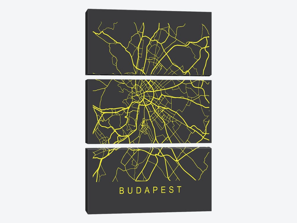 Budapest Map Neon by Pixy Paper 3-piece Canvas Wall Art