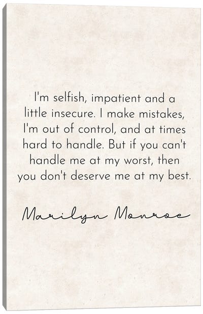 I'm Selfish - Marilyn Monroe Quote Canvas Art Print - Pixy Paper