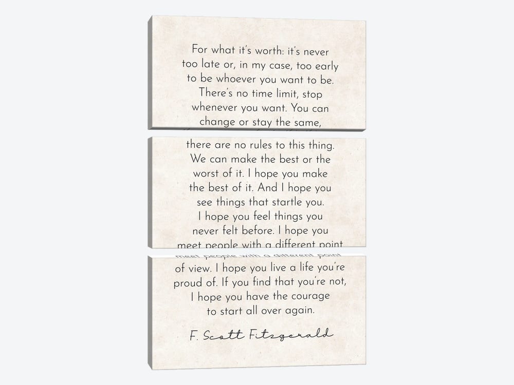 It's Never Too Late - Fitzgerald Quote by Pixy Paper 3-piece Canvas Art