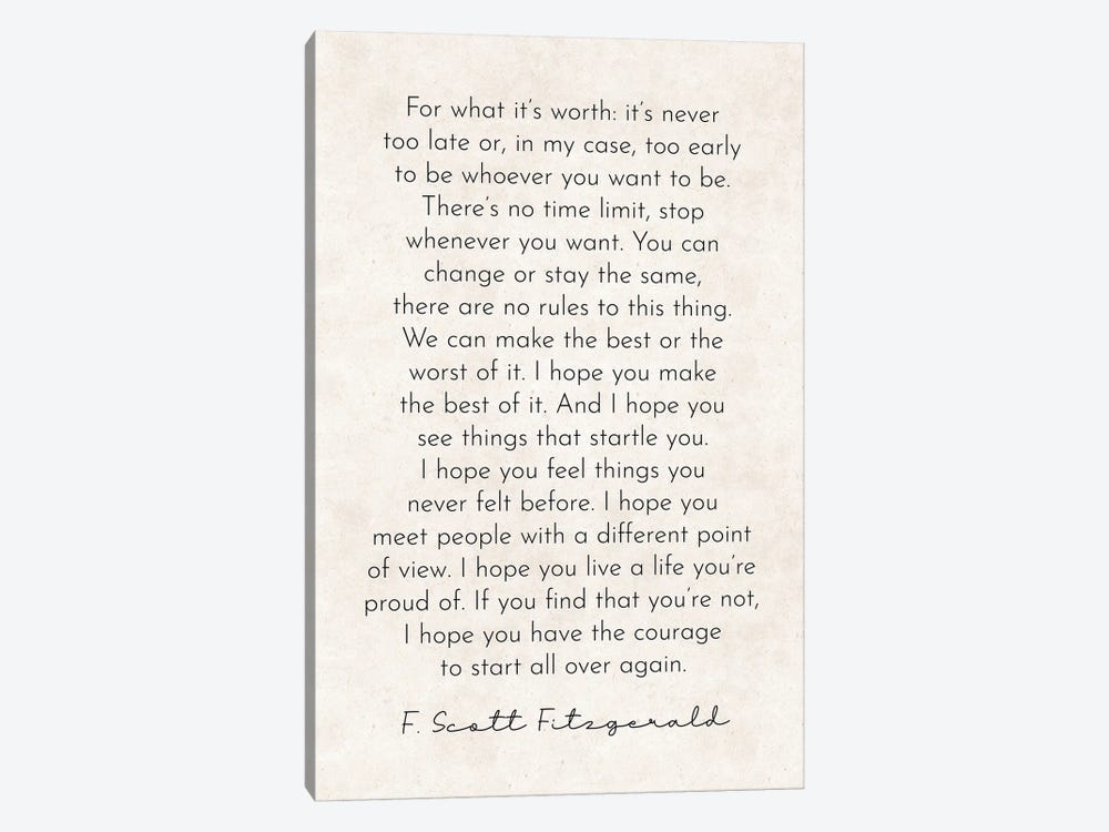 It's Never Too Late - Fitzgerald Quote by Pixy Paper 1-piece Canvas Wall Art