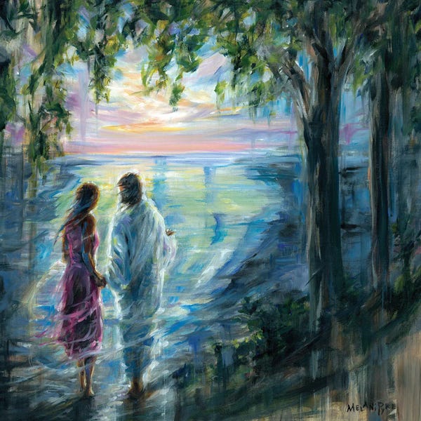 Lake Sunrises & Sunsets: Jesus Leading Woman In Purple by Melani Pyke