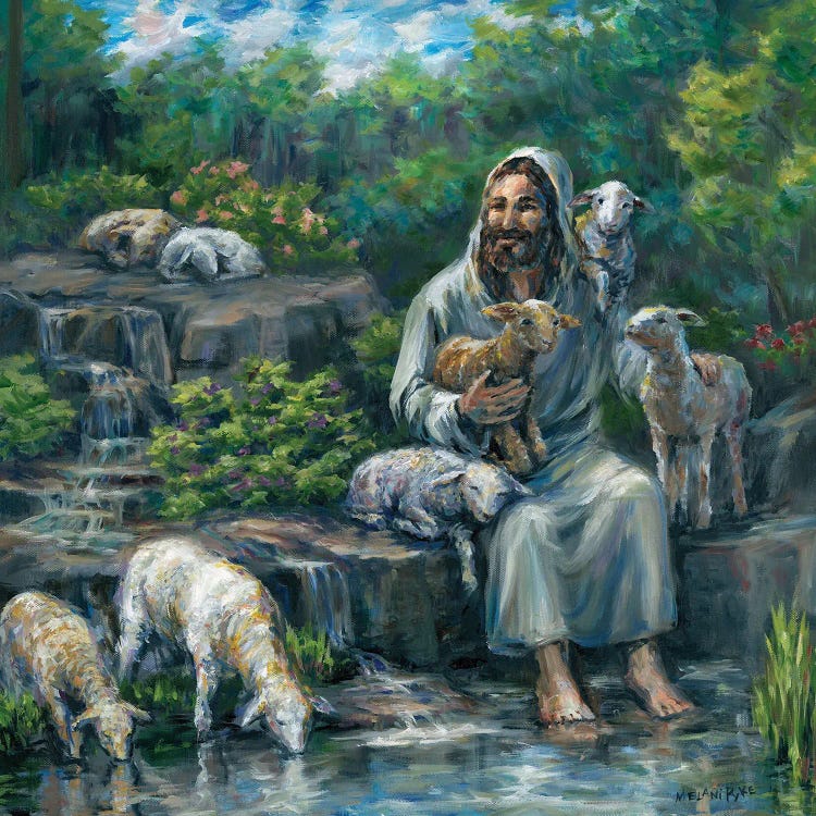 Jesus With Lambs By Waterfall